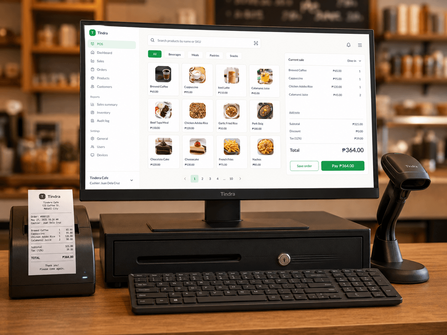 Tindra POS running on a counter terminal with a receipt printer, cash drawer, and barcode scanner
